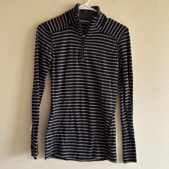 Smartwool 1/4 Zip Pullover Merino Wool Long Sleeve Baselayer Striped Black/Grey - Picture 1 of 7